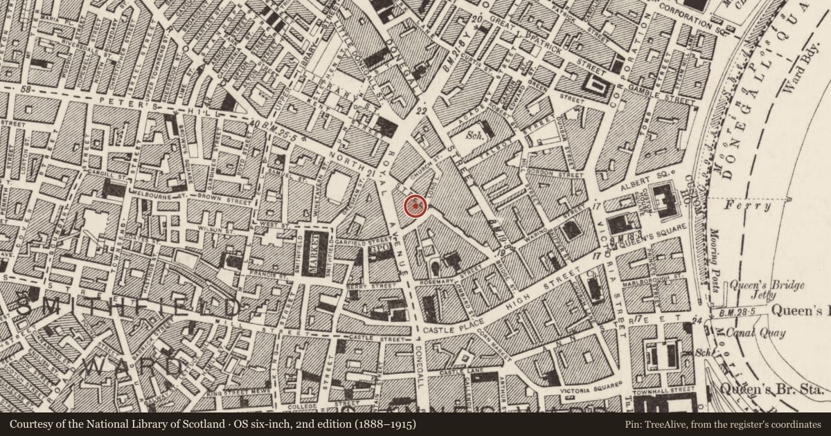 Ordnance Survey six-inch map, 2nd edition (1888–1915) covering the location of 68-76 North Street, Belfast, with a pin at the register's coordinates
