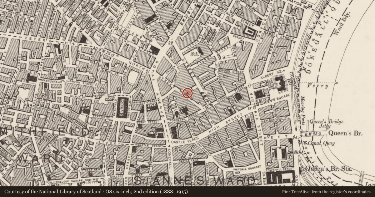 Ordnance Survey six-inch map, 2nd edition (1888–1915) covering the location of 17-23 North Street, Belfast, with a pin at the register's coordinates
