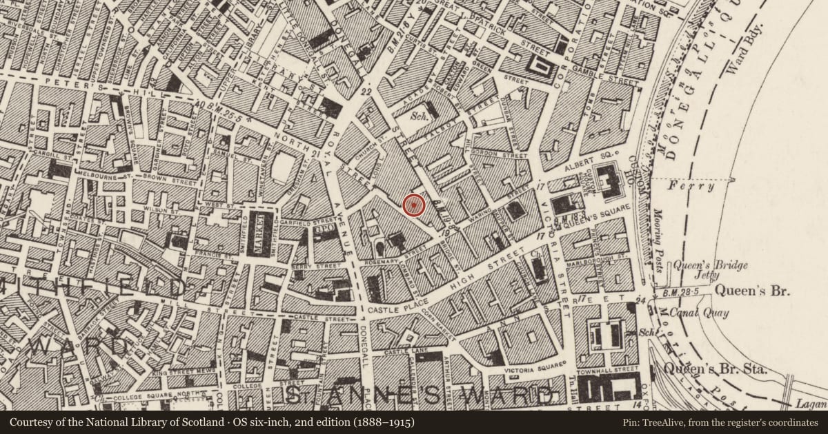 Ordnance Survey six-inch map, 2nd edition (1888–1915) covering the location of 13-15 North Street, Belfast, with a pin at the register's coordinates