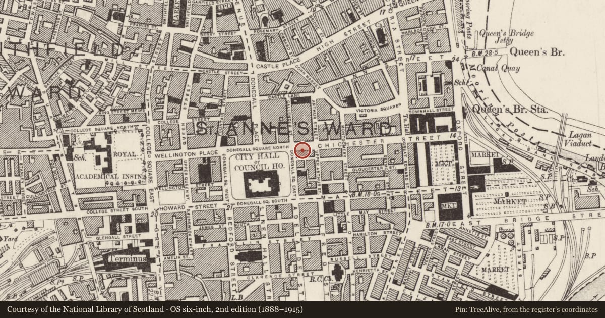 Ordnance Survey six-inch map, 2nd edition (1888–1915) covering the location of 7 Chichester Street, Town Parks, Belfast, with a pin at the register's coordinates