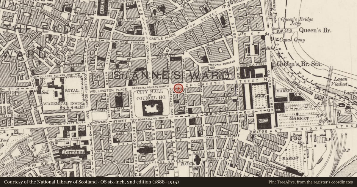 Ordnance Survey six-inch map, 2nd edition (1888–1915) covering the location of 9 Chichester Street, Town Parks, Belfast, with a pin at the register's coordinates