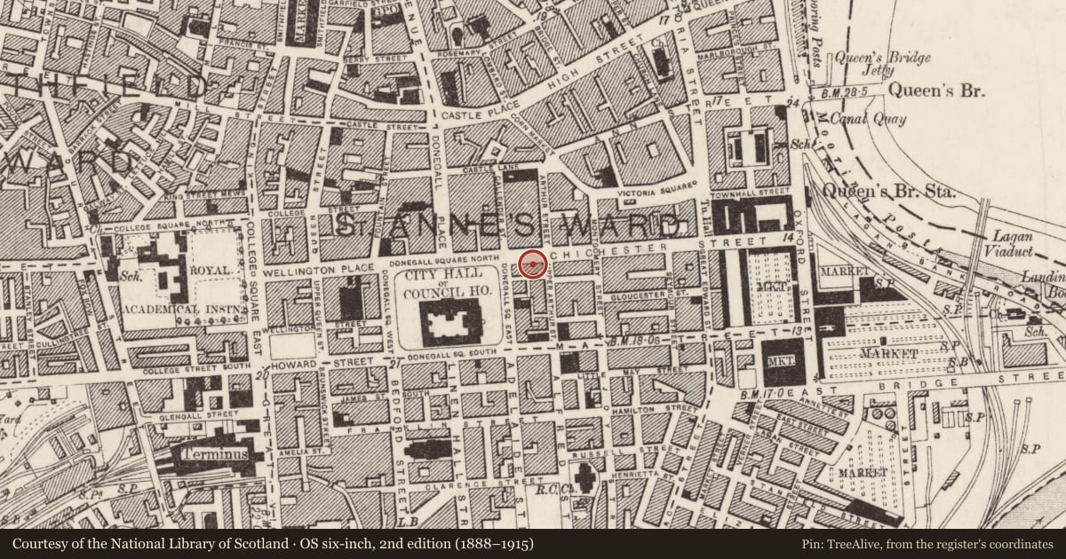 Ordnance Survey six-inch map, 2nd edition (1888–1915) covering the location of 11 Chichester Street, Town Parks, Belfast, with a pin at the register's coordinates