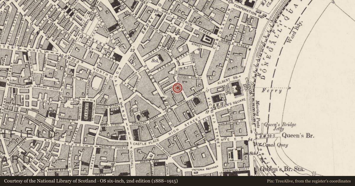 Ordnance Survey six-inch map, 2nd edition (1888–1915) covering the location of 18-22 Hill Street, Town Parks, Belfast, with a pin at the register's coordinates
