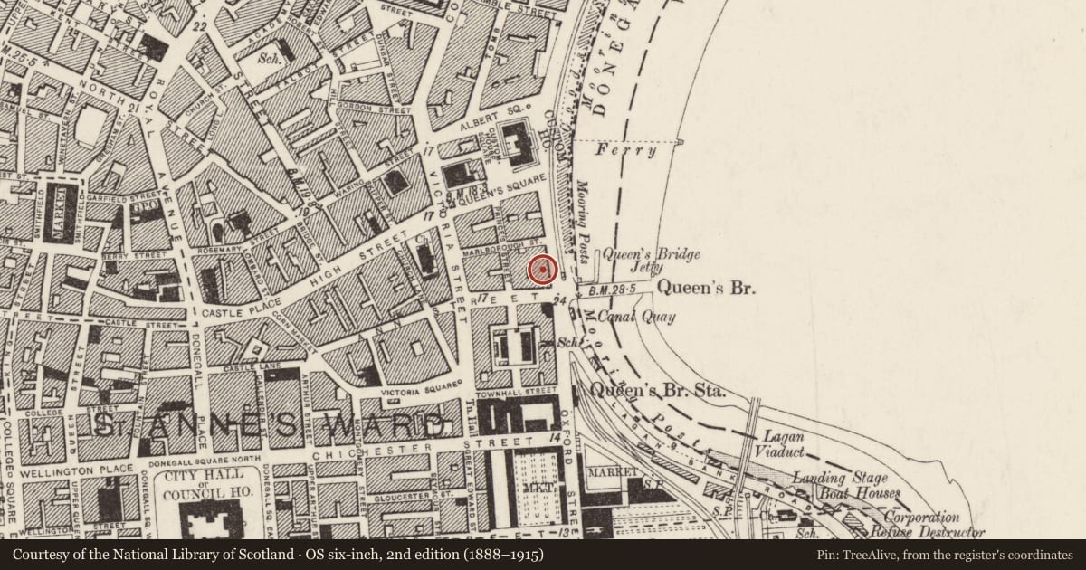 Ordnance Survey six-inch map, 2nd edition (1888–1915) covering the location of 5 Donegall Quay, Belfast, with a pin at the register's coordinates