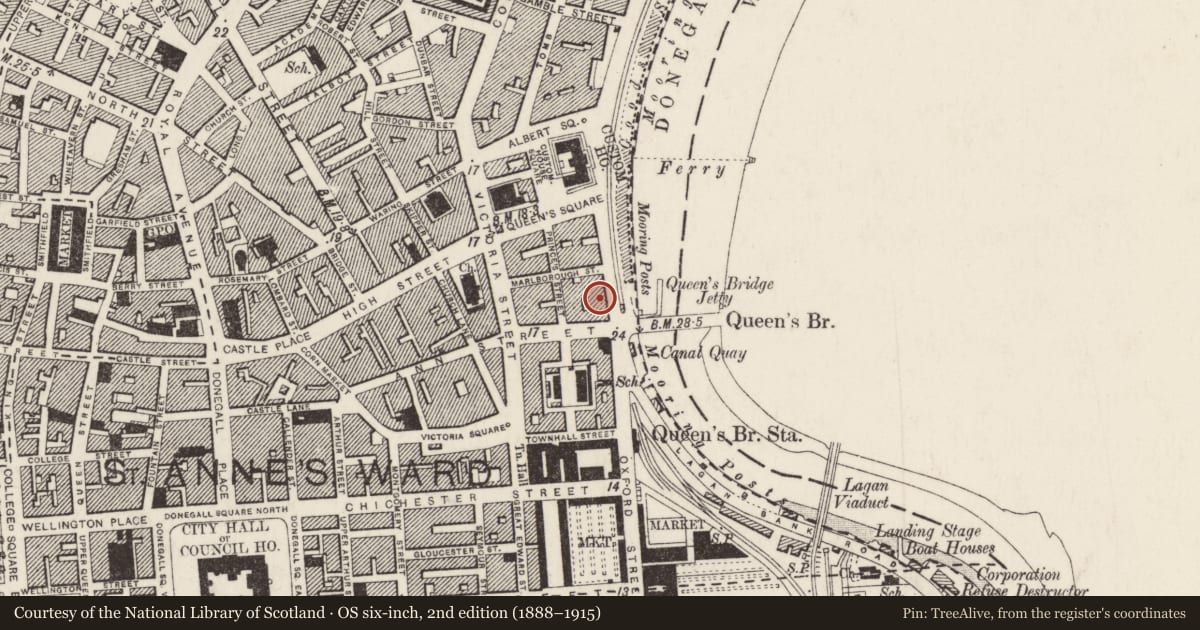 Ordnance Survey six-inch map, 2nd edition (1888–1915) covering the location of 6 & 7 Donegall Quay, Town Parks, Belfast, with a pin at the register's coordinates