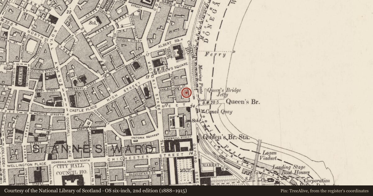 Ordnance Survey six-inch map, 2nd edition (1888–1915) covering the location of 8 & 9 Donegall Quay, Belfast, Co Antrim, BT1 3EA, Town Parks, Belfast, with a pin at the register's coordinates