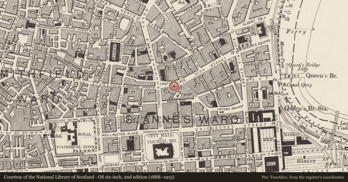 Ordnance Survey six-inch map, 2nd edition (1888–1915) covering the location of 8 - 18 Castle Place, Belfast, with a pin at the register's coordinates