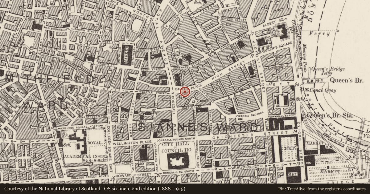Ordnance Survey six-inch map, 2nd edition (1888–1915) covering the location of 20 - 22 Castle Place, Belfast, with a pin at the register's coordinates