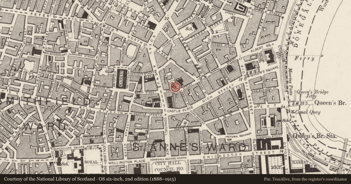 Ordnance Survey six-inch map, 2nd edition (1888–1915) covering the location of Central Hall, Town Parks, Belfast, with a pin at the register's coordinates