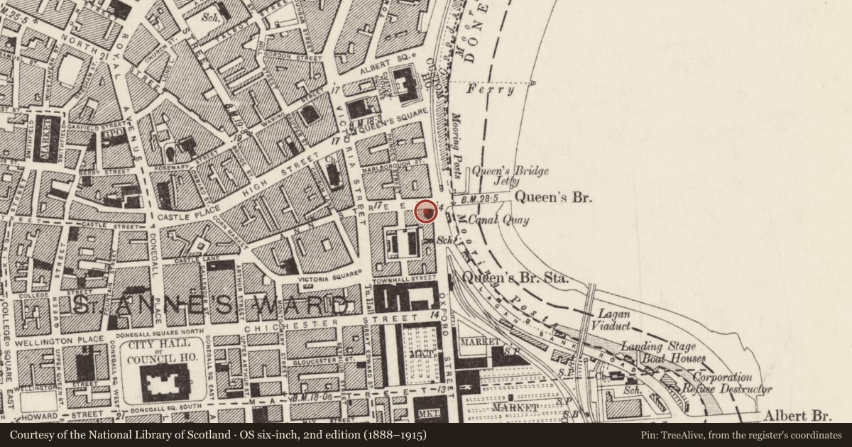 Ordnance Survey six-inch map, 2nd edition (1888–1915) covering the location of 93-95 Ann Street, Town Parks, Belfast, with a pin at the register's coordinates