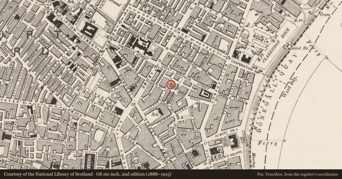 Ordnance Survey six-inch map, 2nd edition (1888–1915) covering the location of 81-87 Academy Street, Town Parks, Belfast, with a pin at the register's coordinates