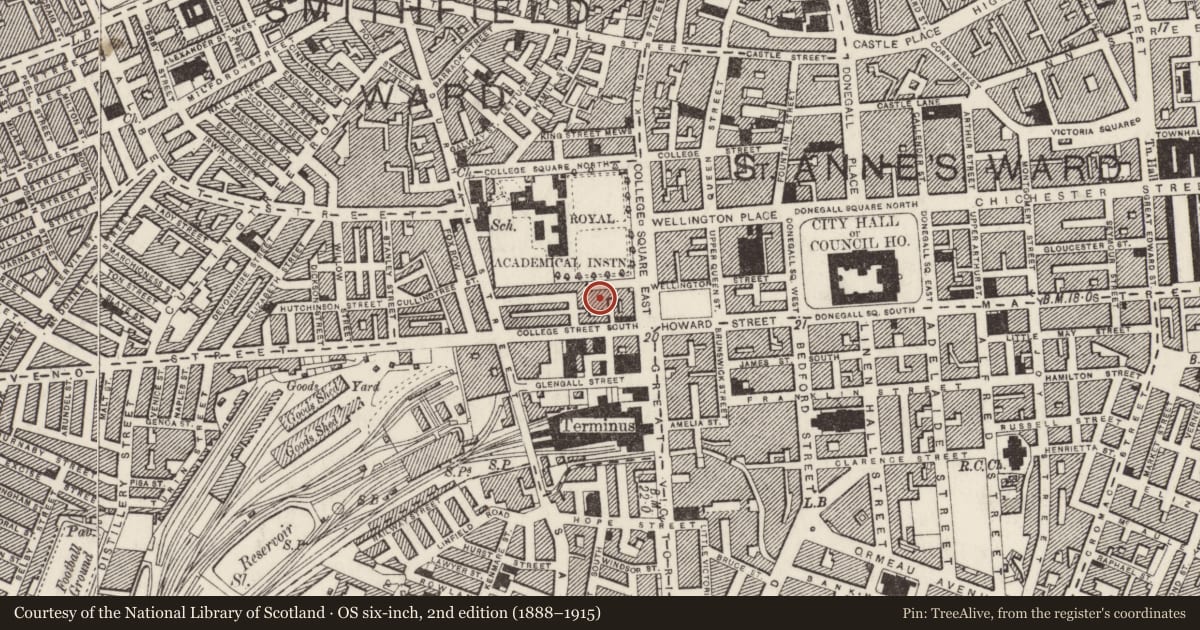 Ordnance Survey six-inch map, 2nd edition (1888–1915) covering the location of 4 Murray Street, Town Parks, Belfast, with a pin at the register's coordinates