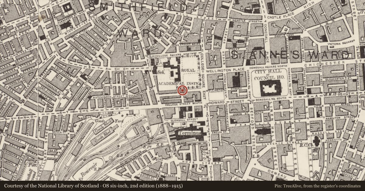 Ordnance Survey six-inch map, 2nd edition (1888–1915) covering the location of 6 Murray Street, Town Parks, Belfast, with a pin at the register's coordinates