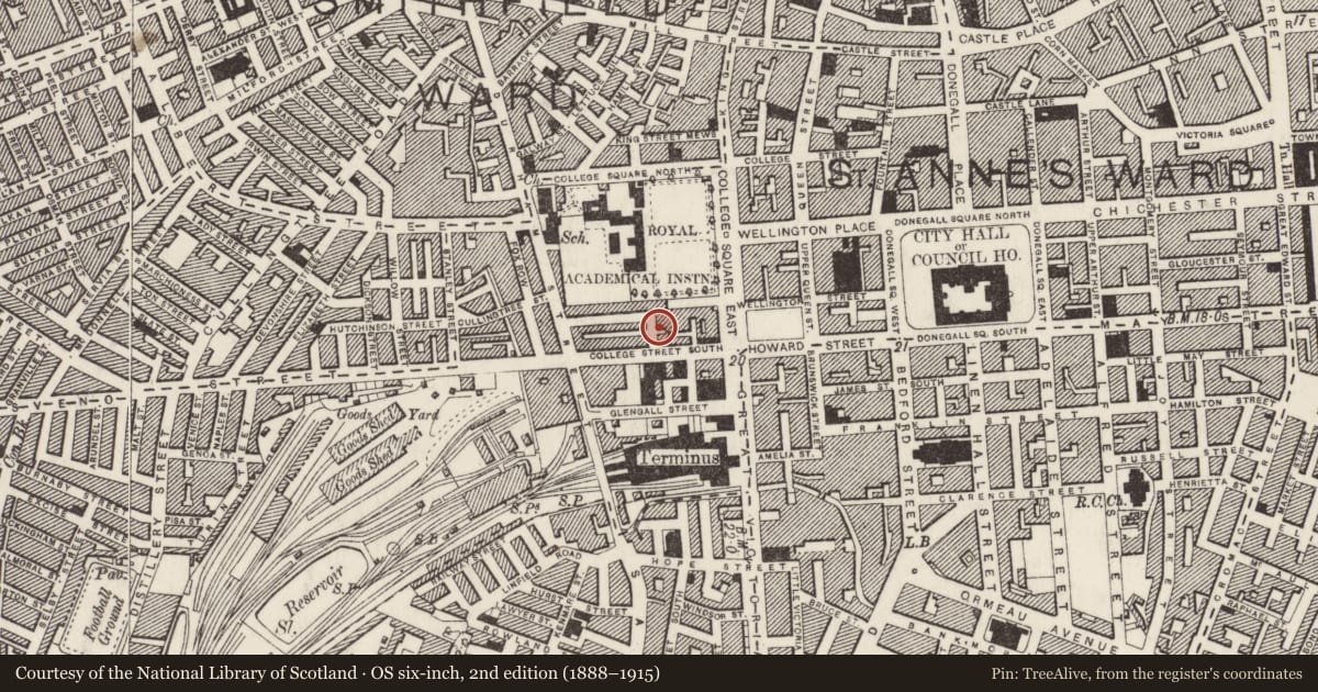 Ordnance Survey six-inch map, 2nd edition (1888–1915) covering the location of 13-17 Grosvenor Road, Town Parks, Belfast, with a pin at the register's coordinates