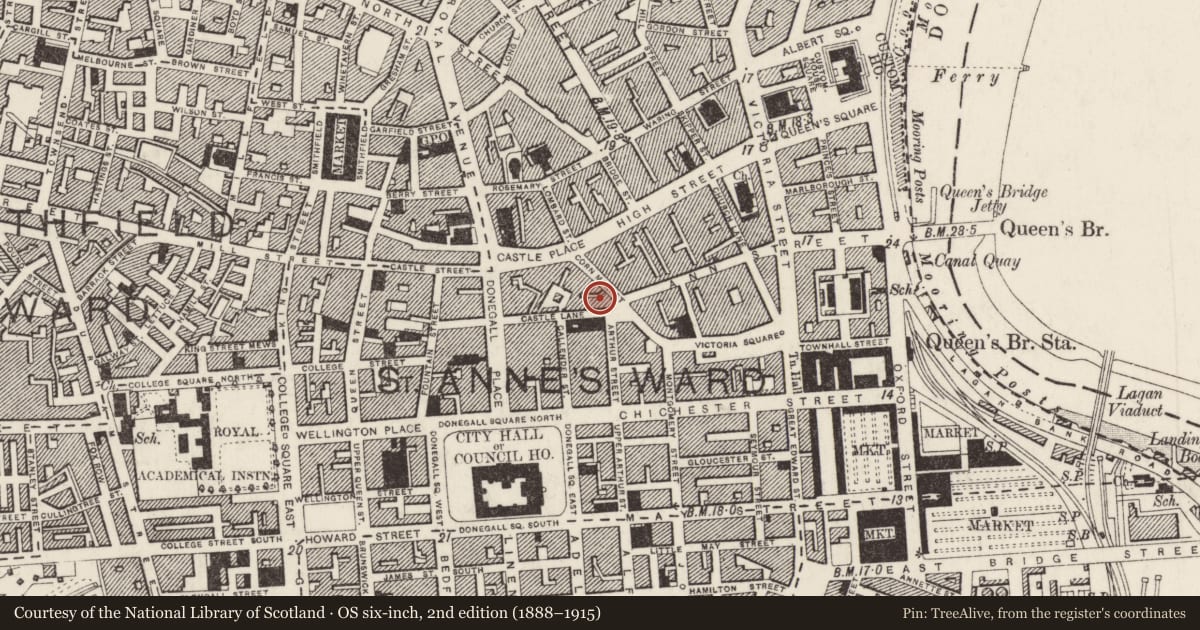 Ordnance Survey six-inch map, 2nd edition (1888–1915) covering the location of 1- 5 Castle Lane & 23-29 Cornmarket, Town Parks, Belfast, with a pin at the register's coordinates