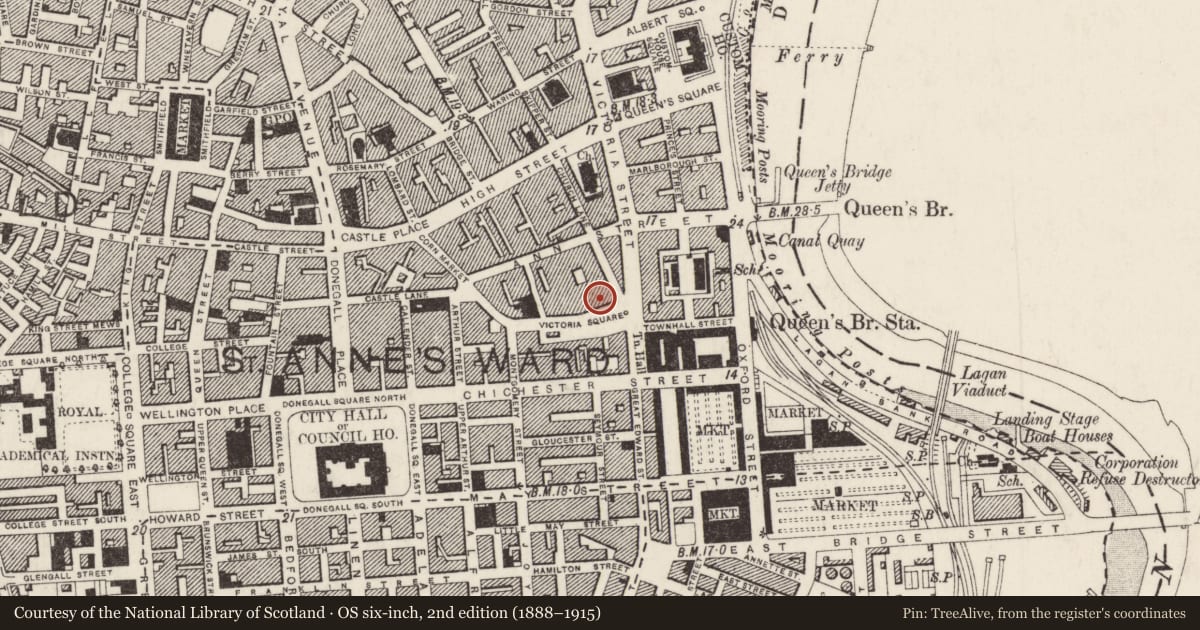 Ordnance Survey six-inch map, 2nd edition (1888–1915) covering the location of 1 Victoria Square, Town Parks, Belfast, with a pin at the register's coordinates