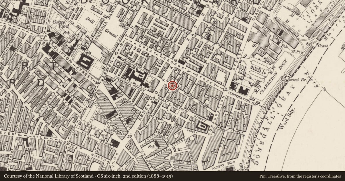 Ordnance Survey six-inch map, 2nd edition (1888–1915) covering the location of Hendron Brothers 14 Little Patrick Street Belfast BT15 1AD, Town Parks, Belfast, with a pin at the register's coordinates