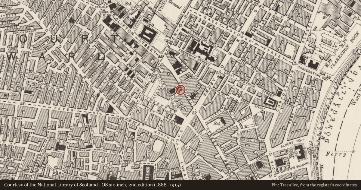 Ordnance Survey six-inch map, 2nd edition (1888–1915) covering the location of The Front Page, Town Parks, Belfast, with a pin at the register's coordinates