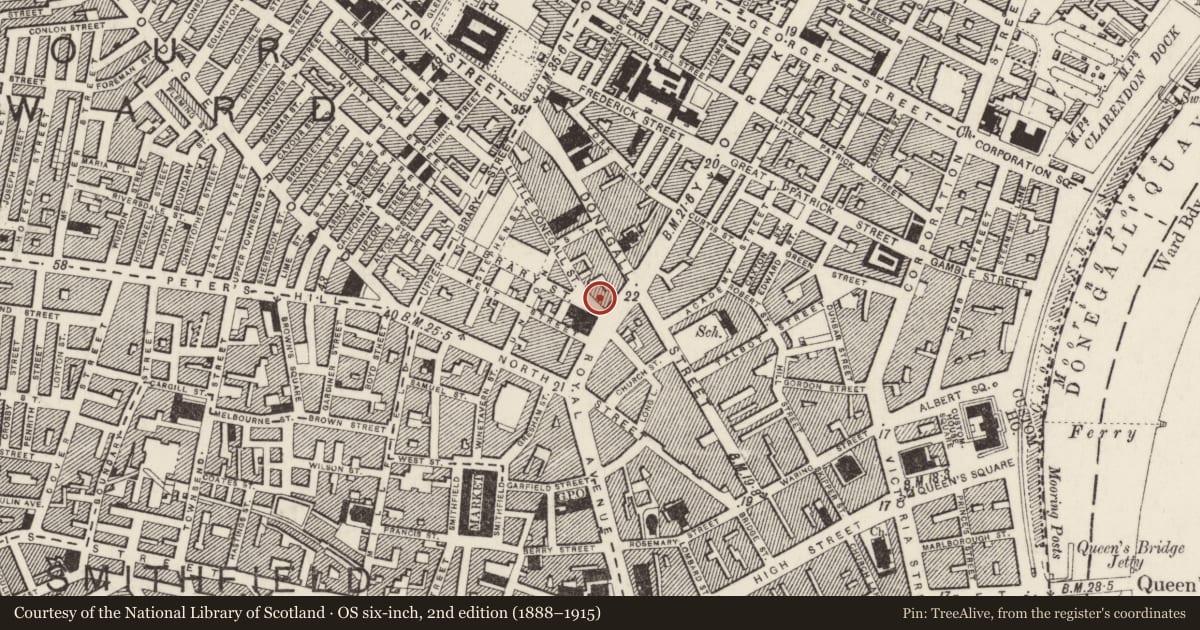 Ordnance Survey six-inch map, 2nd edition (1888–1915) covering the location of Belfast Telegraph Offices, Town Parks, Belfast, with a pin at the register's coordinates