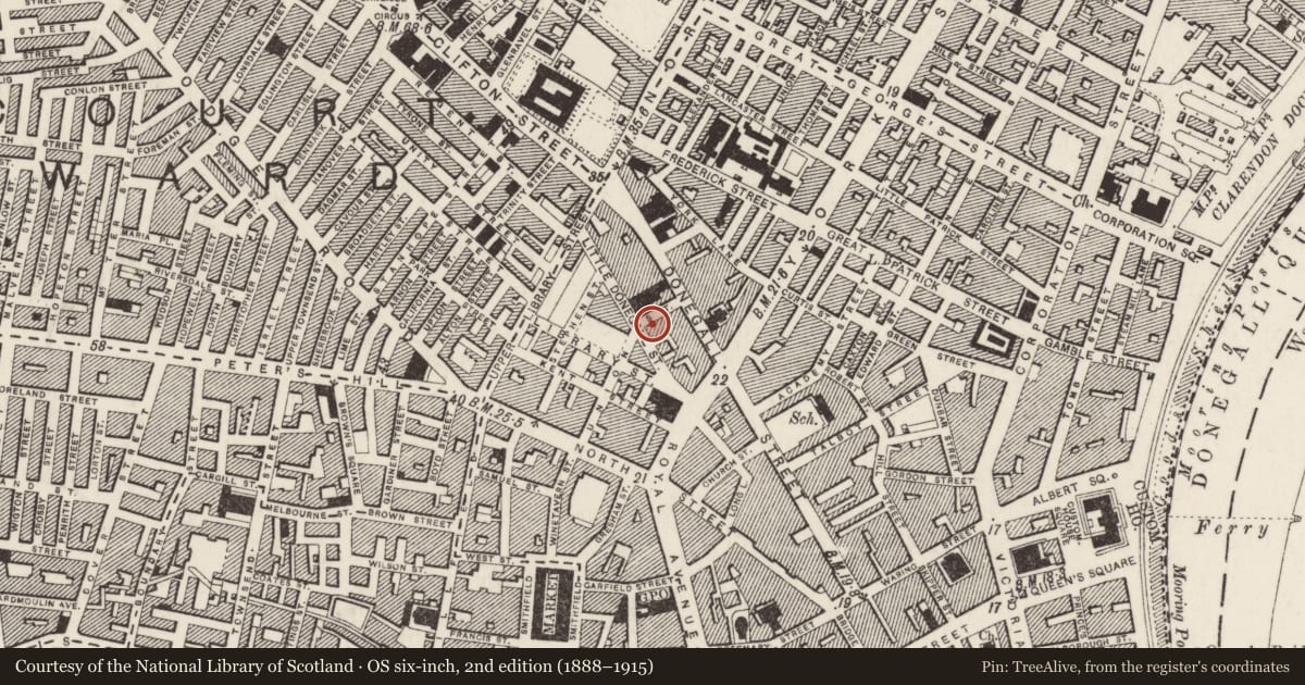 Ordnance Survey six-inch map, 2nd edition (1888–1915) covering the location of 2-14 Union Street, Town Parks, Belfast, with a pin at the register's coordinates