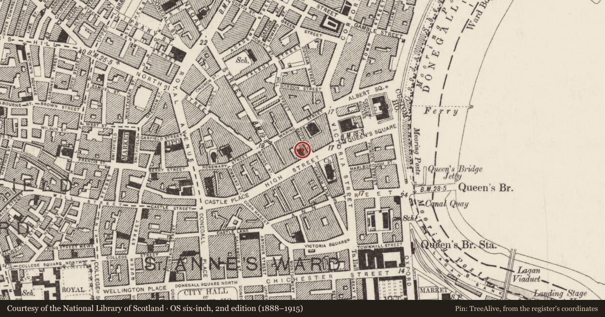Ordnance Survey six-inch map, 2nd edition (1888–1915) covering the location of Imperial Buildings, Town Parks, Belfast, with a pin at the register's coordinates