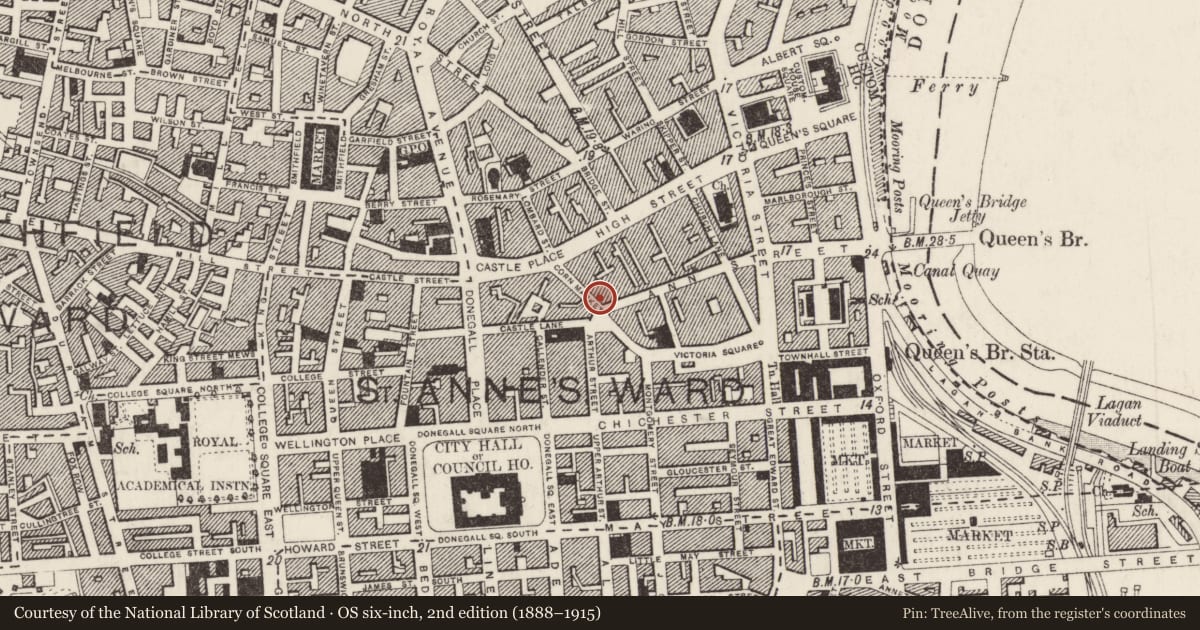 Ordnance Survey six-inch map, 2nd edition (1888–1915) covering the location of French Connection, Town Parks, Belfast, with a pin at the register's coordinates