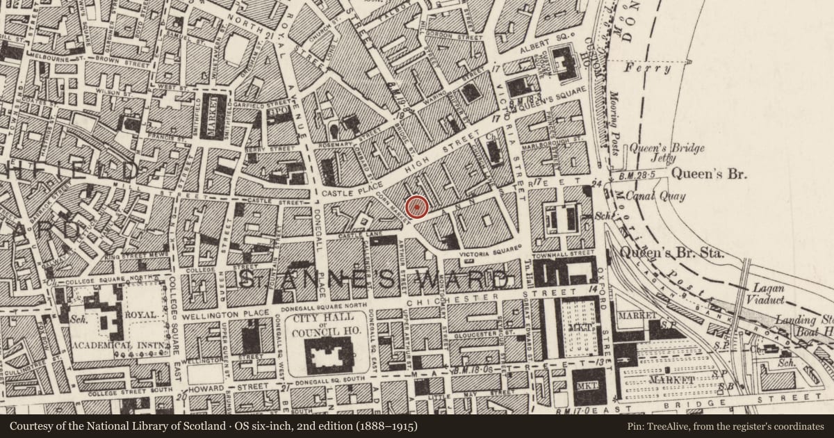 Ordnance Survey six-inch map, 2nd edition (1888–1915) covering the location of 10 Ann Street, Town Parks, Belfast, with a pin at the register's coordinates