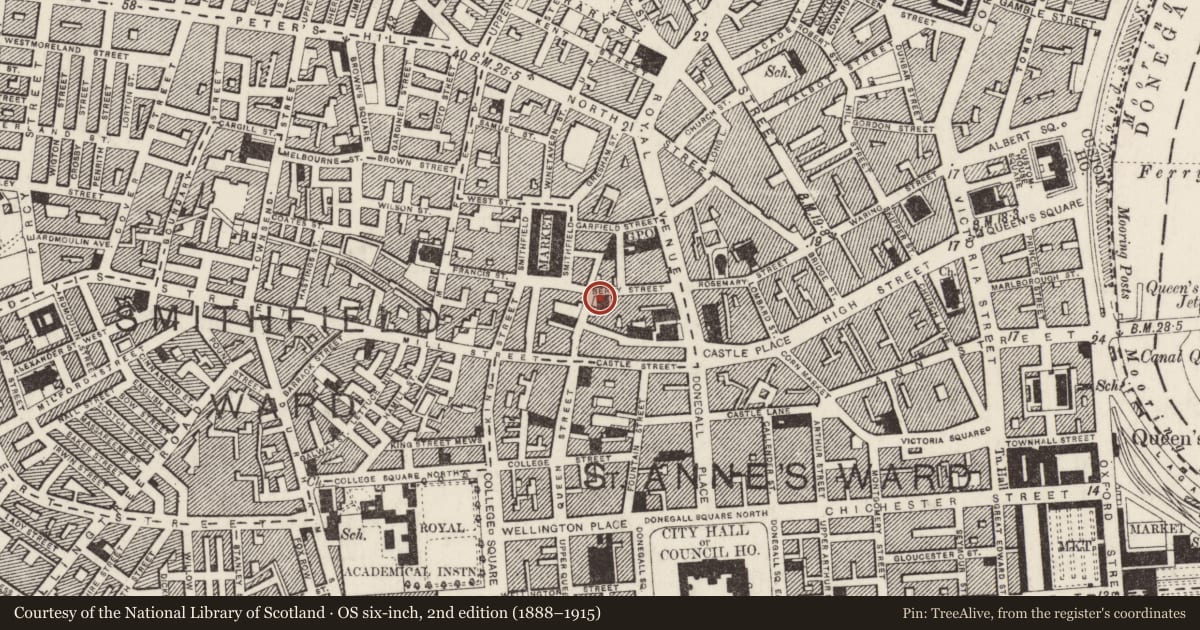 Ordnance Survey six-inch map, 2nd edition (1888–1915) covering the location of Berry Street Presbyterian Church, Town Parks, Belfast, with a pin at the register's coordinates