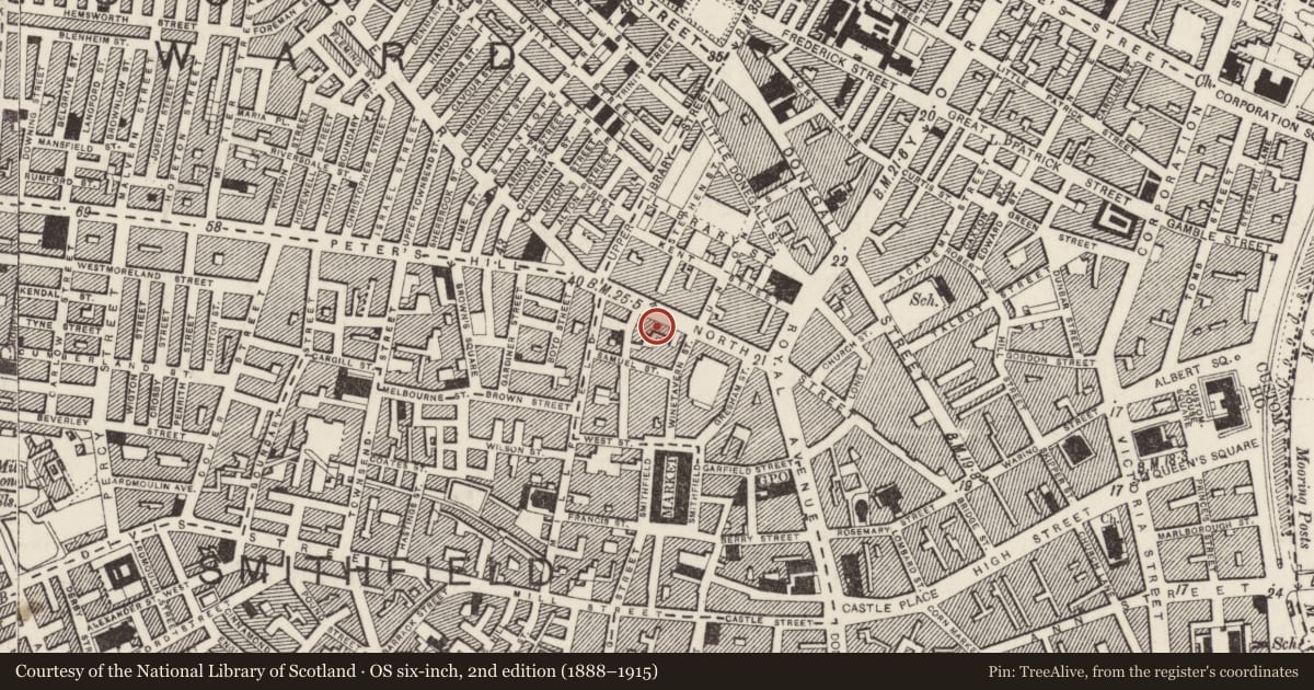 Ordnance Survey six-inch map, 2nd edition (1888–1915) covering the location of 156-164 North Street, Town Parks, Belfast, with a pin at the register's coordinates