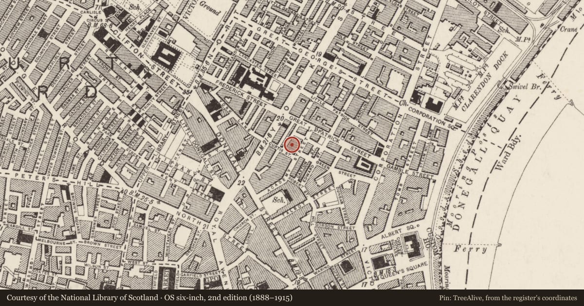 Ordnance Survey six-inch map, 2nd edition (1888–1915) covering the location of Belfast Education and Library Board, Town Parks, Belfast, with a pin at the register's coordinates