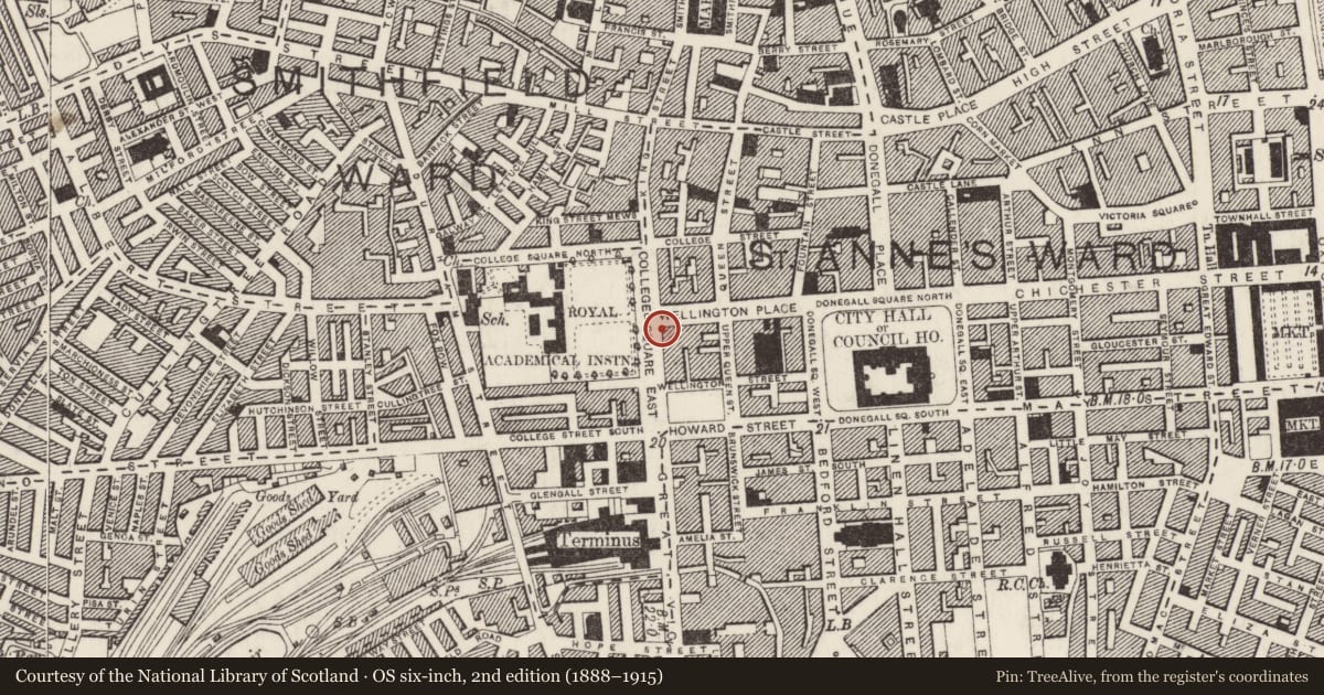 Ordnance Survey six-inch map, 2nd edition (1888–1915) covering the location of 60-64 Wellington Place/12-13 College Square East, Town Parks, Belfast, with a pin at the register's coordinates