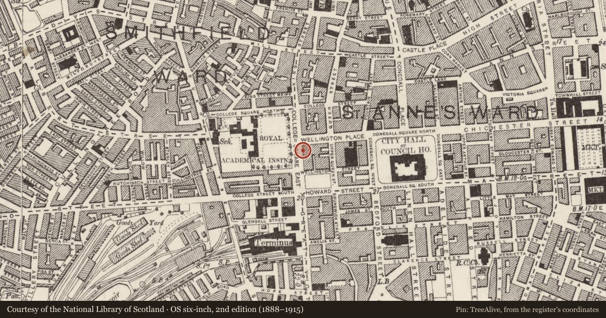 Ordnance Survey six-inch map, 2nd edition (1888–1915) covering the location of 14 College Square East, Town Parks, Belfast, with a pin at the register's coordinates