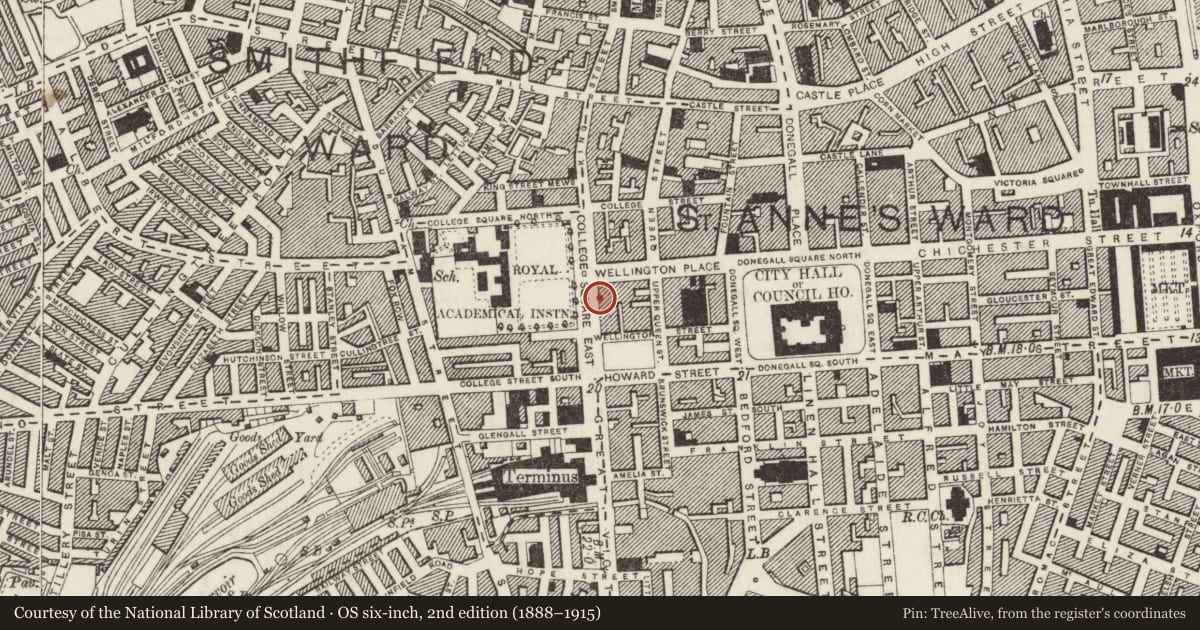 Ordnance Survey six-inch map, 2nd edition (1888–1915) covering the location of 15 College Square East, Town Parks, Belfast, with a pin at the register's coordinates
