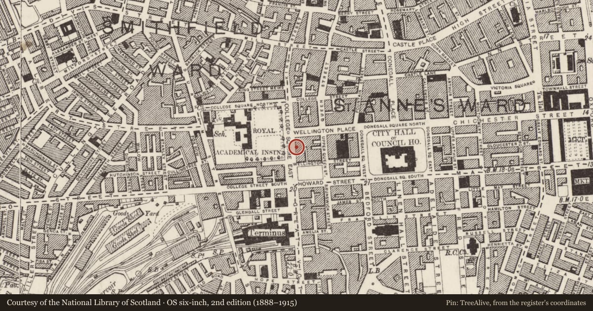 Ordnance Survey six-inch map, 2nd edition (1888–1915) covering the location of 16 College Square East, Town Parks, Belfast, with a pin at the register's coordinates