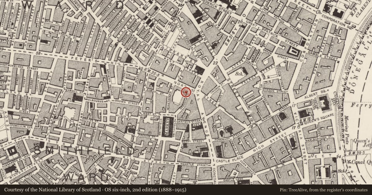 Ordnance Survey six-inch map, 2nd edition (1888–1915) covering the location of 108 North Street & 1 Gresham Street, Town Parks, Belfast, with a pin at the register's coordinates