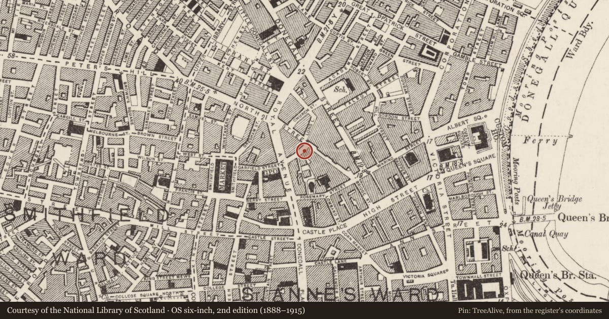 Ordnance Survey six-inch map, 2nd edition (1888–1915) covering the location of 56-60 North Street and 2-10 Lower Garfield Street, Town Parks, Belfast, with a pin at the register's coordinates