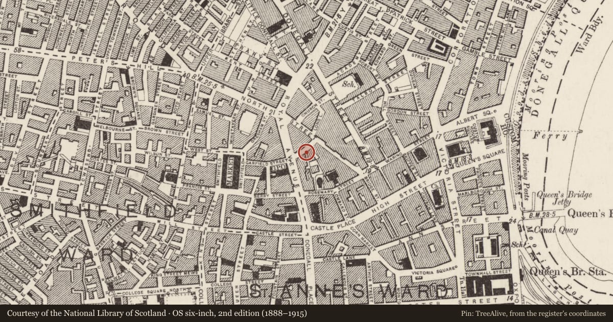 Ordnance Survey six-inch map, 2nd edition (1888–1915) covering the location of 12-14 Lower Garfield Street, Town Parks, Belfast, with a pin at the register's coordinates