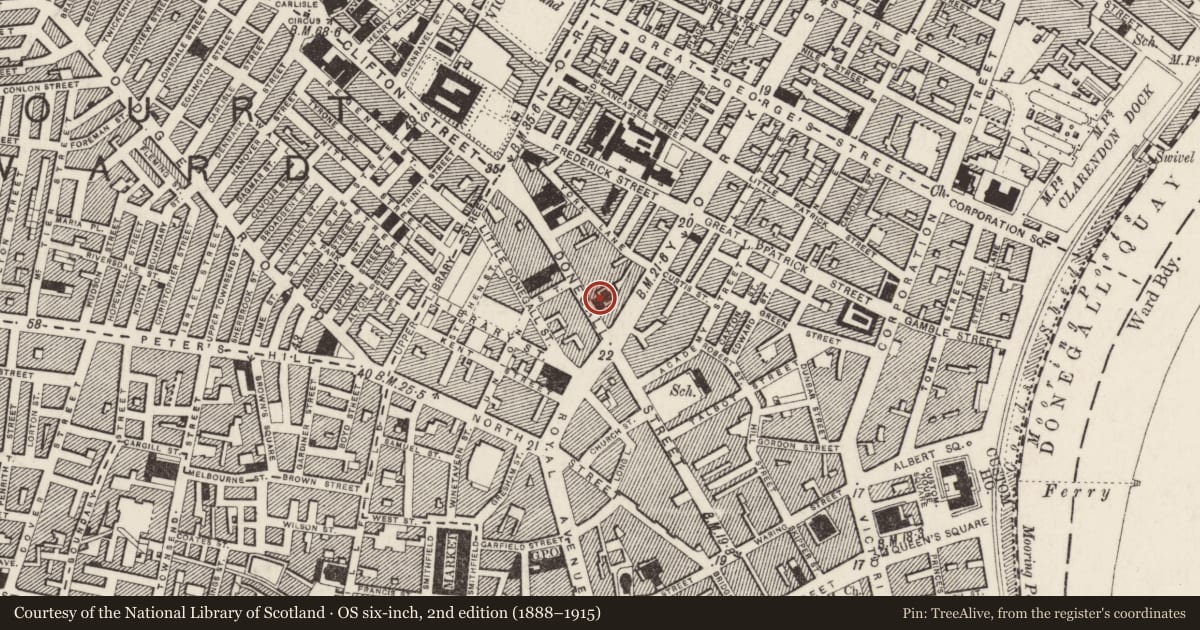 Ordnance Survey six-inch map, 2nd edition (1888–1915) covering the location of Congregational Church, Town Parks, Belfast, with a pin at the register's coordinates