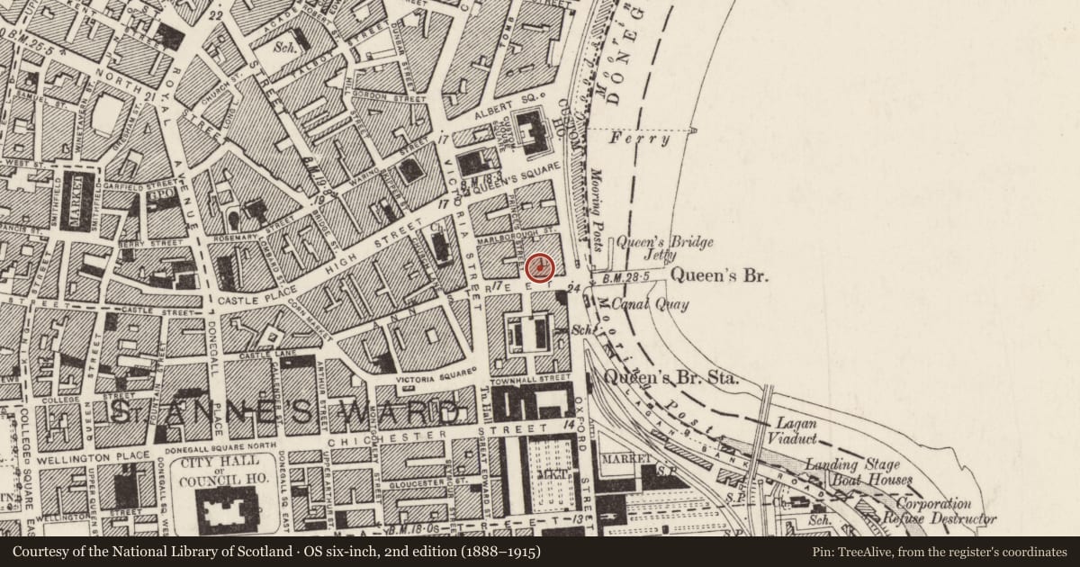 Ordnance Survey six-inch map, 2nd edition (1888–1915) covering the location of 102-108 Ann Street, Town Parks, Belfast, with a pin at the register's coordinates
