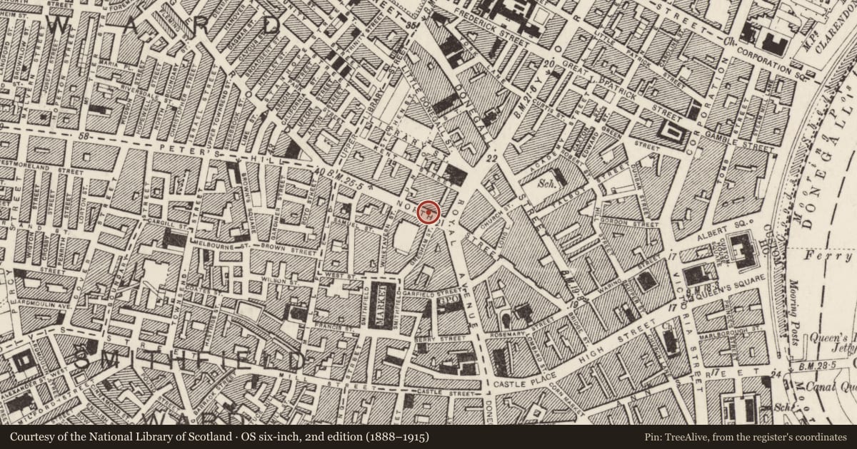 Ordnance Survey six-inch map, 2nd edition (1888–1915) covering the location of 103-105 North Street, Town Parks, Belfast, with a pin at the register's coordinates