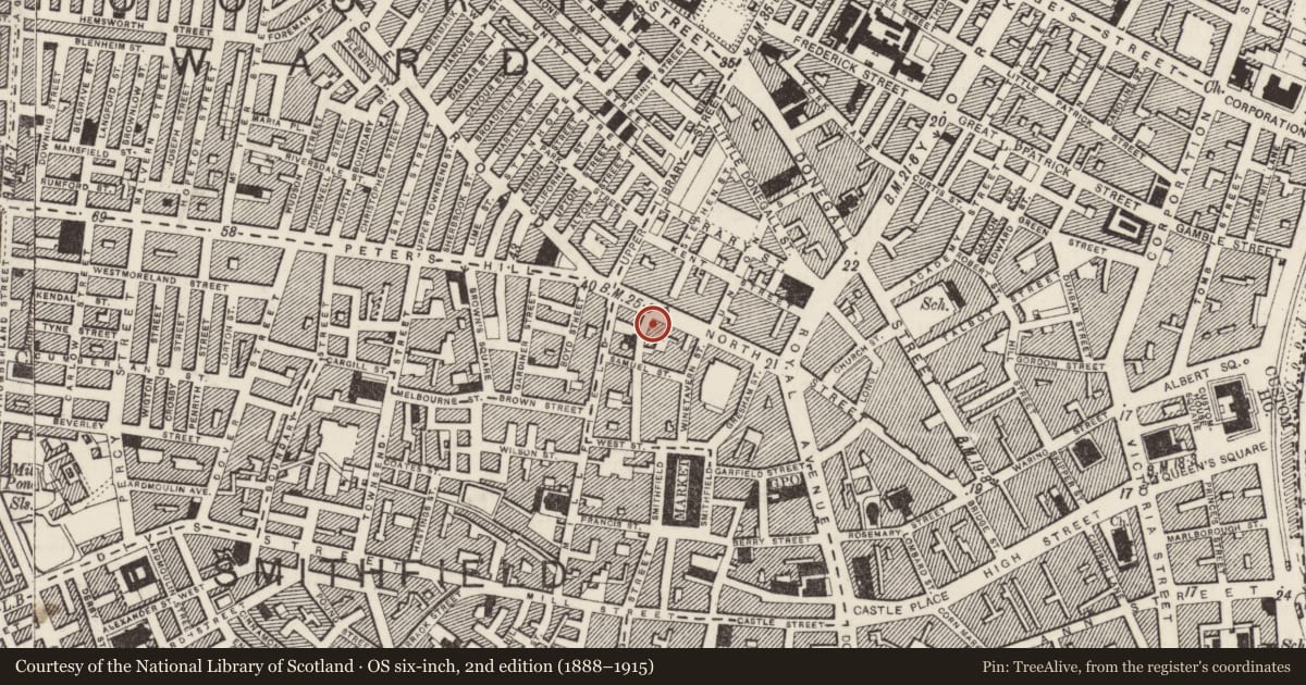 Ordnance Survey six-inch map, 2nd edition (1888–1915) covering the location of 166-174 North Street, Town Parks, Belfast, with a pin at the register's coordinates