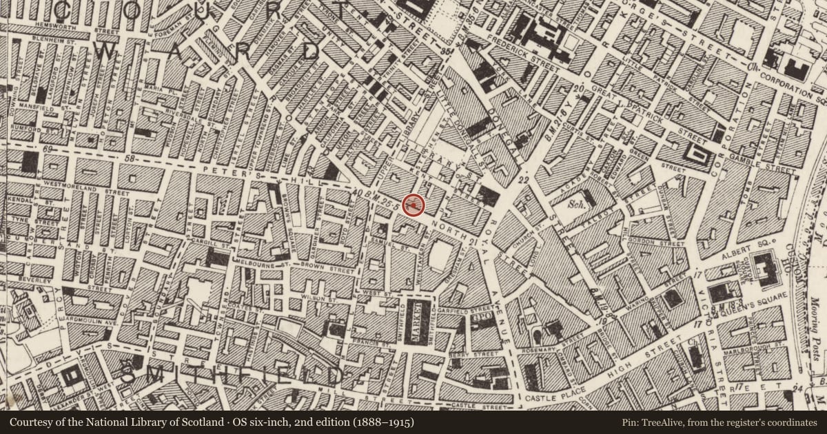 Ordnance Survey six-inch map, 2nd edition (1888–1915) covering the location of 150-152 North Street, Town Parks, Belfast, with a pin at the register's coordinates