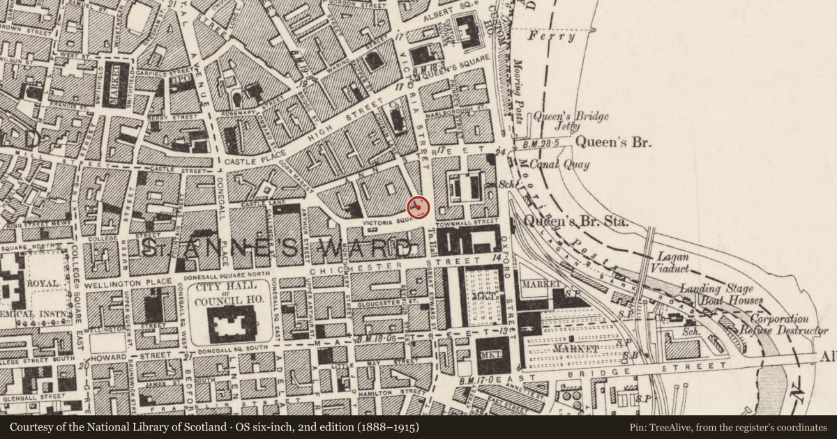 Ordnance Survey six-inch map, 2nd edition (1888–1915) covering the location of Jaffe Memorial Fountain, Town Parks, Belfast, with a pin at the register's coordinates