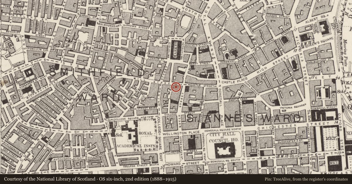 Ordnance Survey six-inch map, 2nd edition (1888–1915) covering the location of 56-70 Castle Street Belfast BT1 1HD, Town Parks, Belfast, with a pin at the register's coordinates
