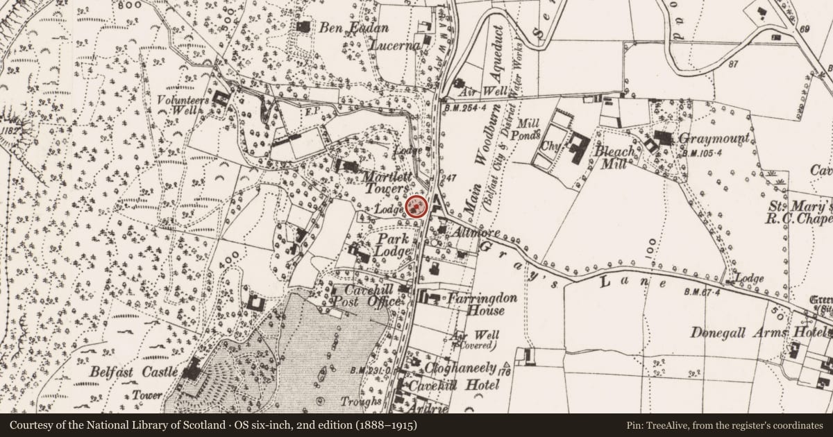 Ordnance Survey six-inch map, 2nd edition (1888–1915) covering the location of Former gate lodge, Green Castle, Belfast, with a pin at the register's coordinates