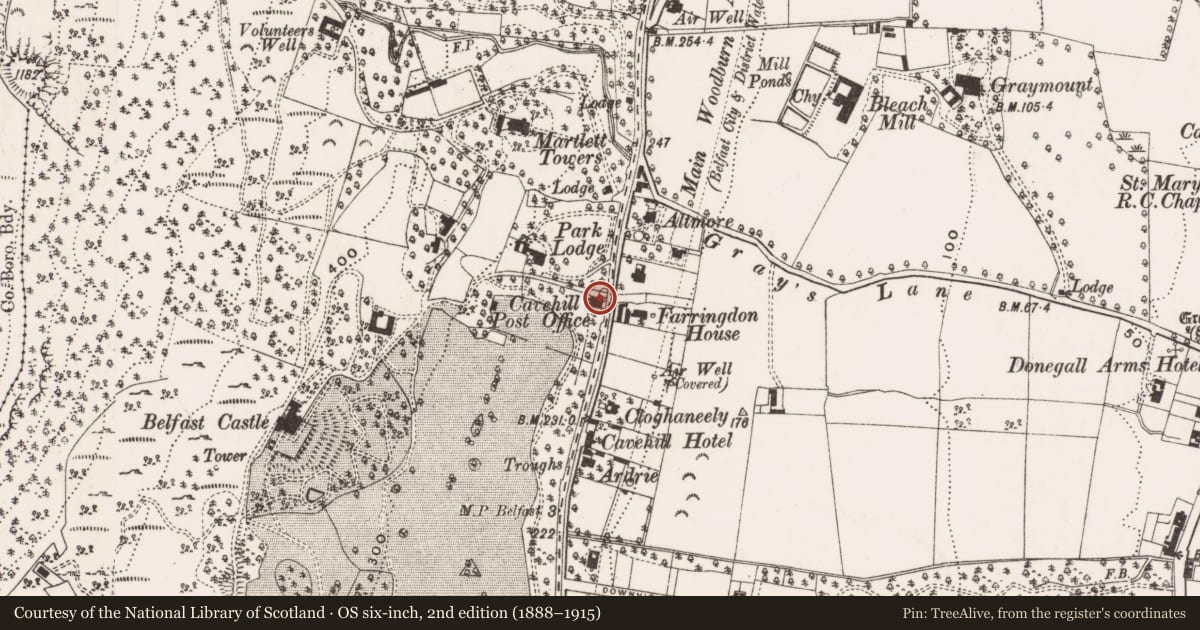 Ordnance Survey six-inch map, 2nd edition (1888–1915) covering the location of 694-696 Antrim Road, Belfast, with a pin at the register's coordinates