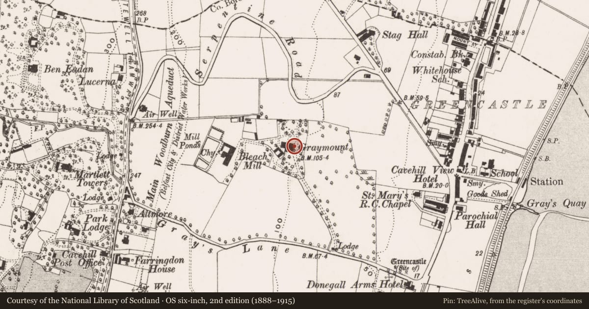 Ordnance Survey six-inch map, 2nd edition (1888–1915) covering the location of Graymount House, Greencastle, Belfast, with a pin at the register's coordinates