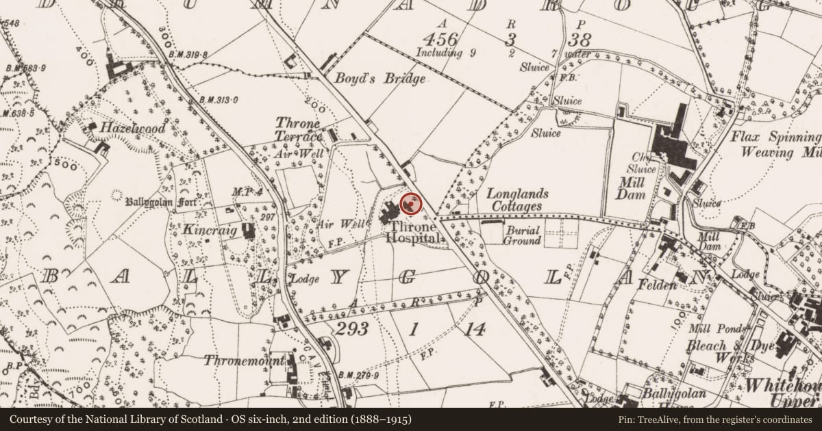Ordnance Survey six-inch map, 2nd edition (1888–1915) covering the location of 244 Whitewell Road, Ballygolan, Belfast, with a pin at the register's coordinates