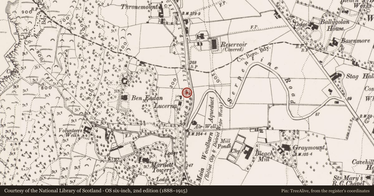 Ordnance Survey six-inch map, 2nd edition (1888–1915) covering the location of 736 Antrim Road, Green Castle, Belfast, with a pin at the register's coordinates