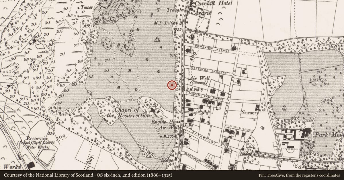 Ordnance Survey six-inch map, 2nd edition (1888–1915) covering the location of 5 Waterloo Park, Low Wood, Belfast, with a pin at the register's coordinates